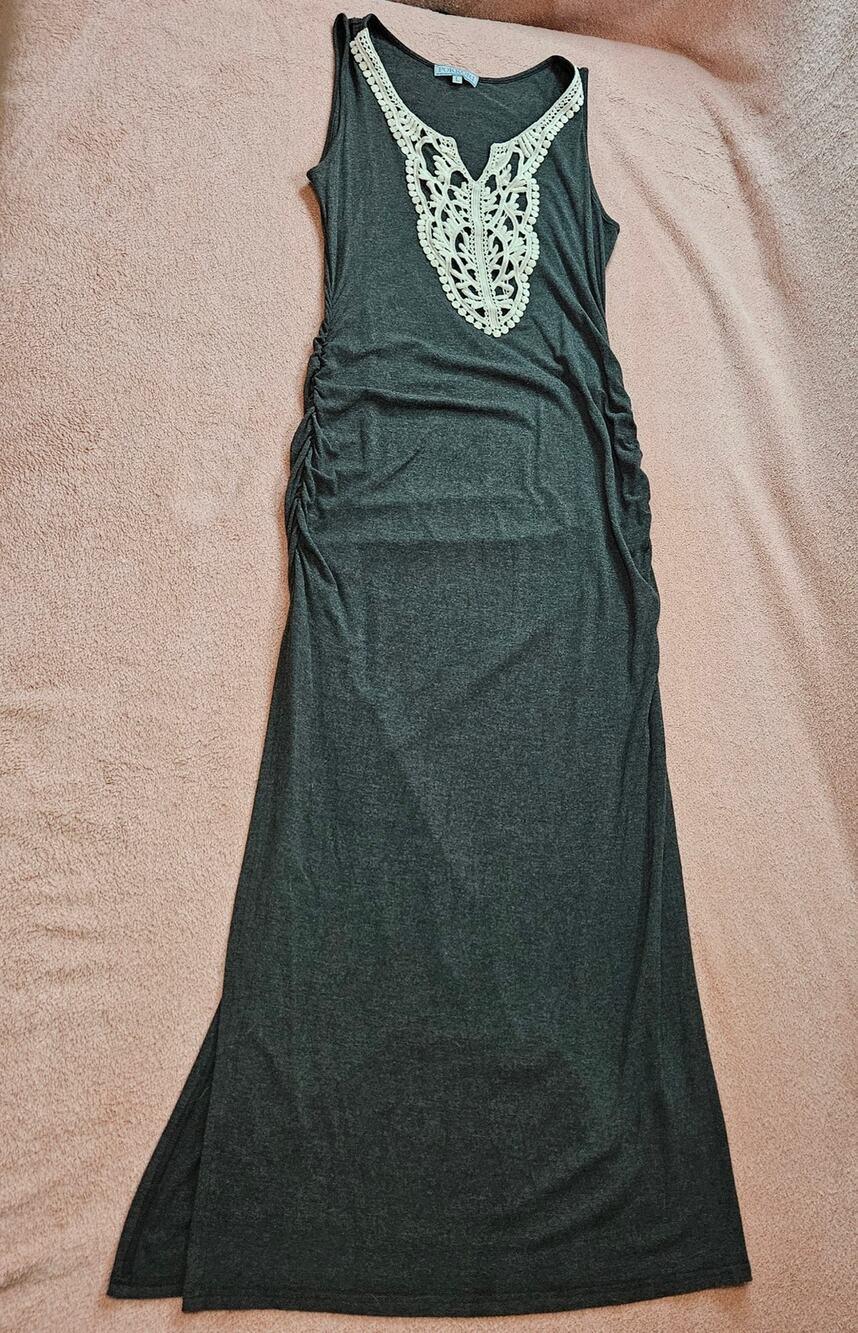 Pokkori Women's L Sleeveless Charcoal Gray Maxi Dress Crochet Lace Ruched Sides